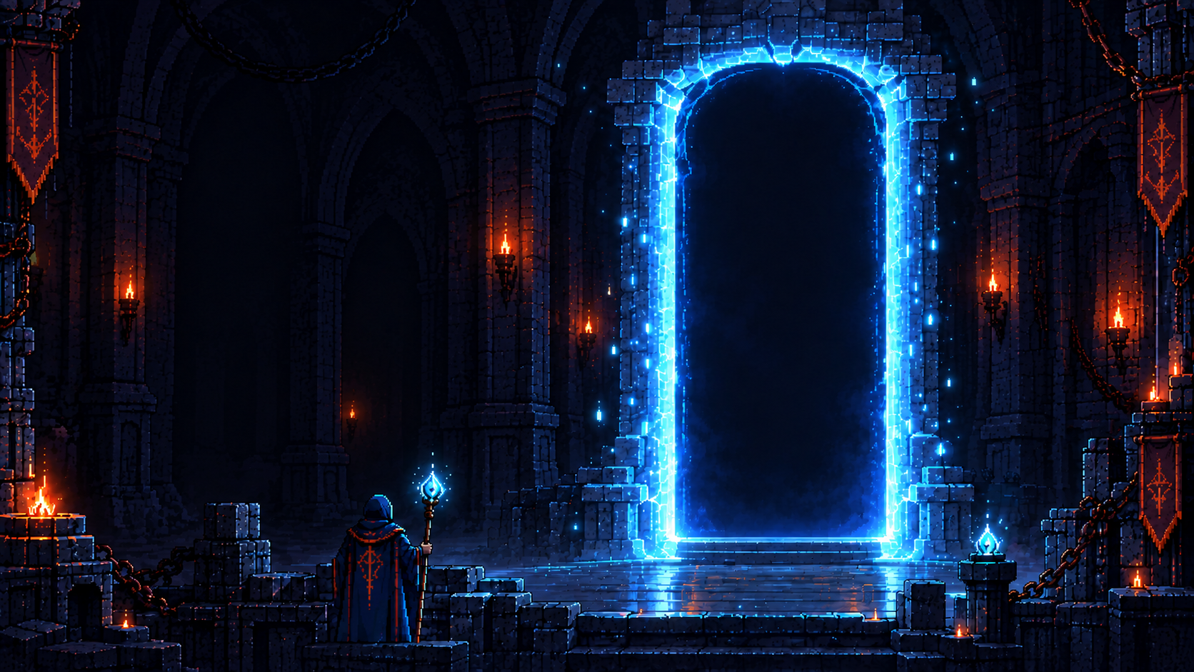 A summoner stands before a luminous portal in the castle vaults.